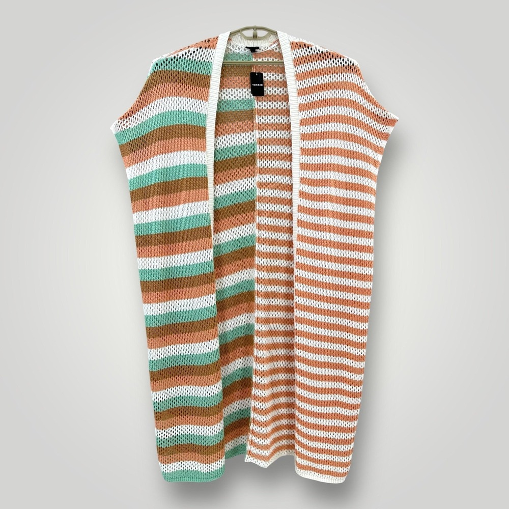 NEW Torrid Duster Sweater Vest Womens 3X 4X Multi Stripe Open Knit Boho Longline - Picture 1 of 8